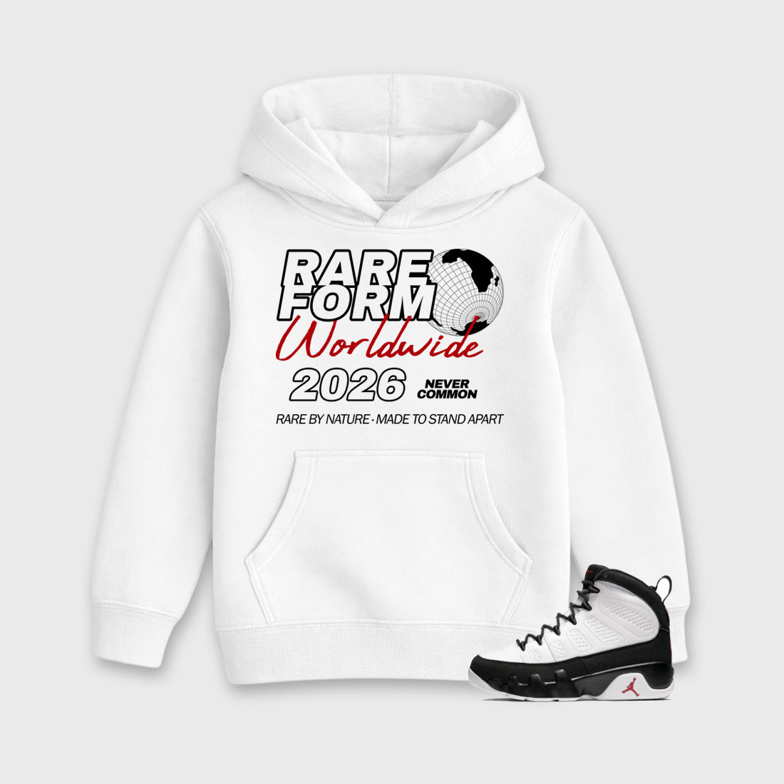 Rare Form Baby & Kids Graphic Hoodie featuring original artwork designed to match the Air Jordan 9 True Red. White 1 Kids Graphic Sweater.