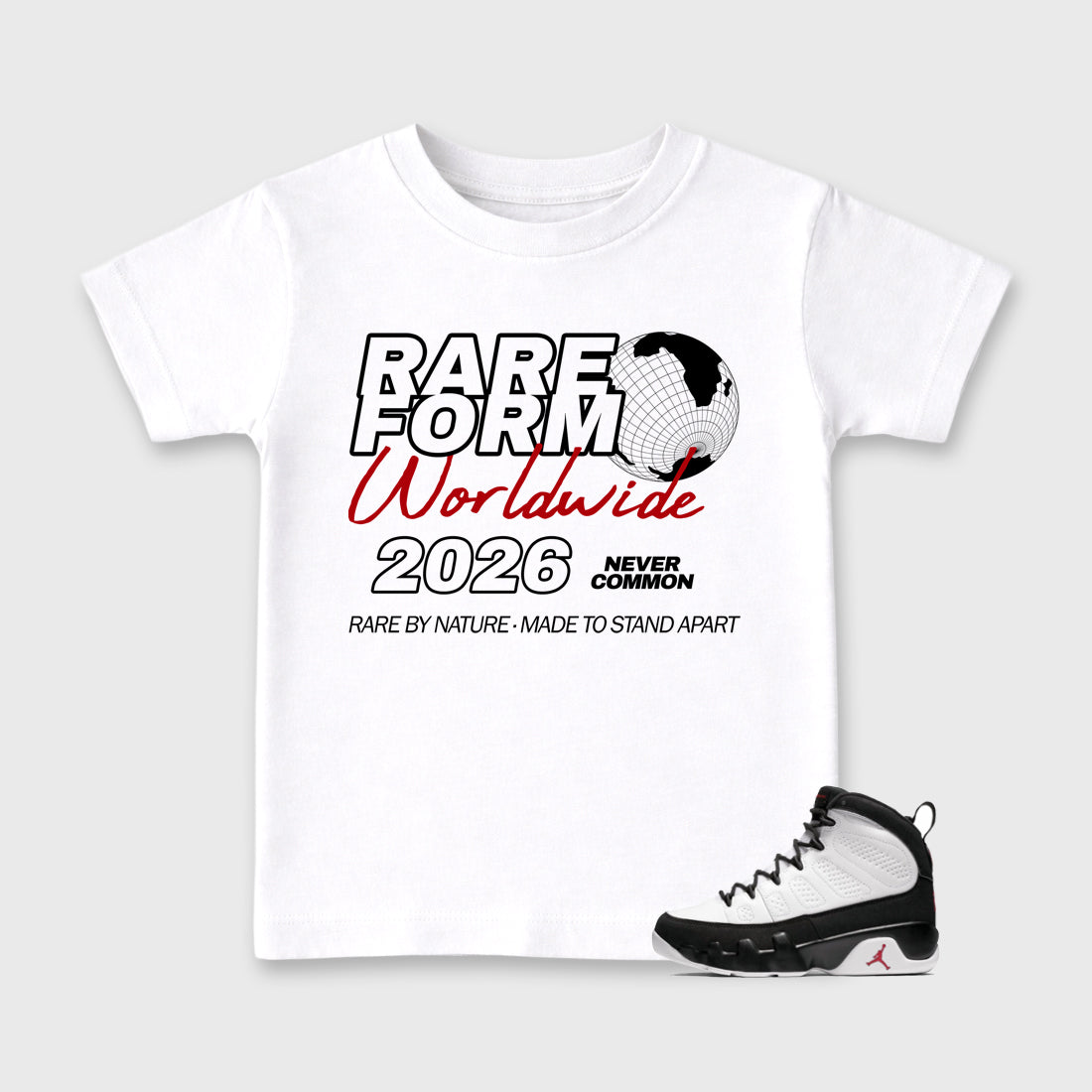 Rare Form Baby & Kids Graphic T-Shirt featuring original artwork designed to match the Air Jordan 9 True Red. White 1 Kids Graphic Tee.