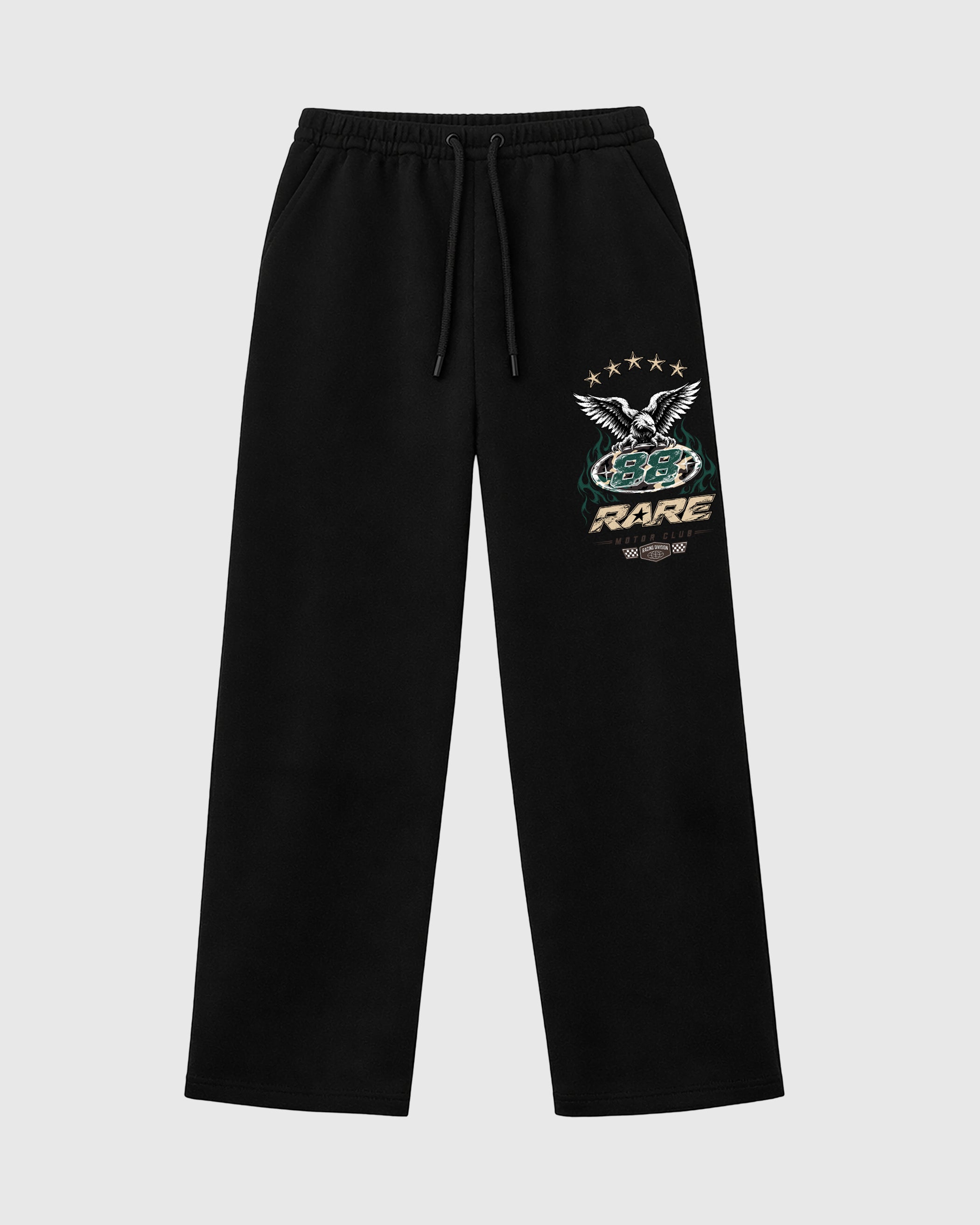 Rare Motor Club graphic wide cut sweatpants designed to match the Air Foamposite Pro Green Camo, featuring coordinated Black 1 options for a perfect streetwear vibe.