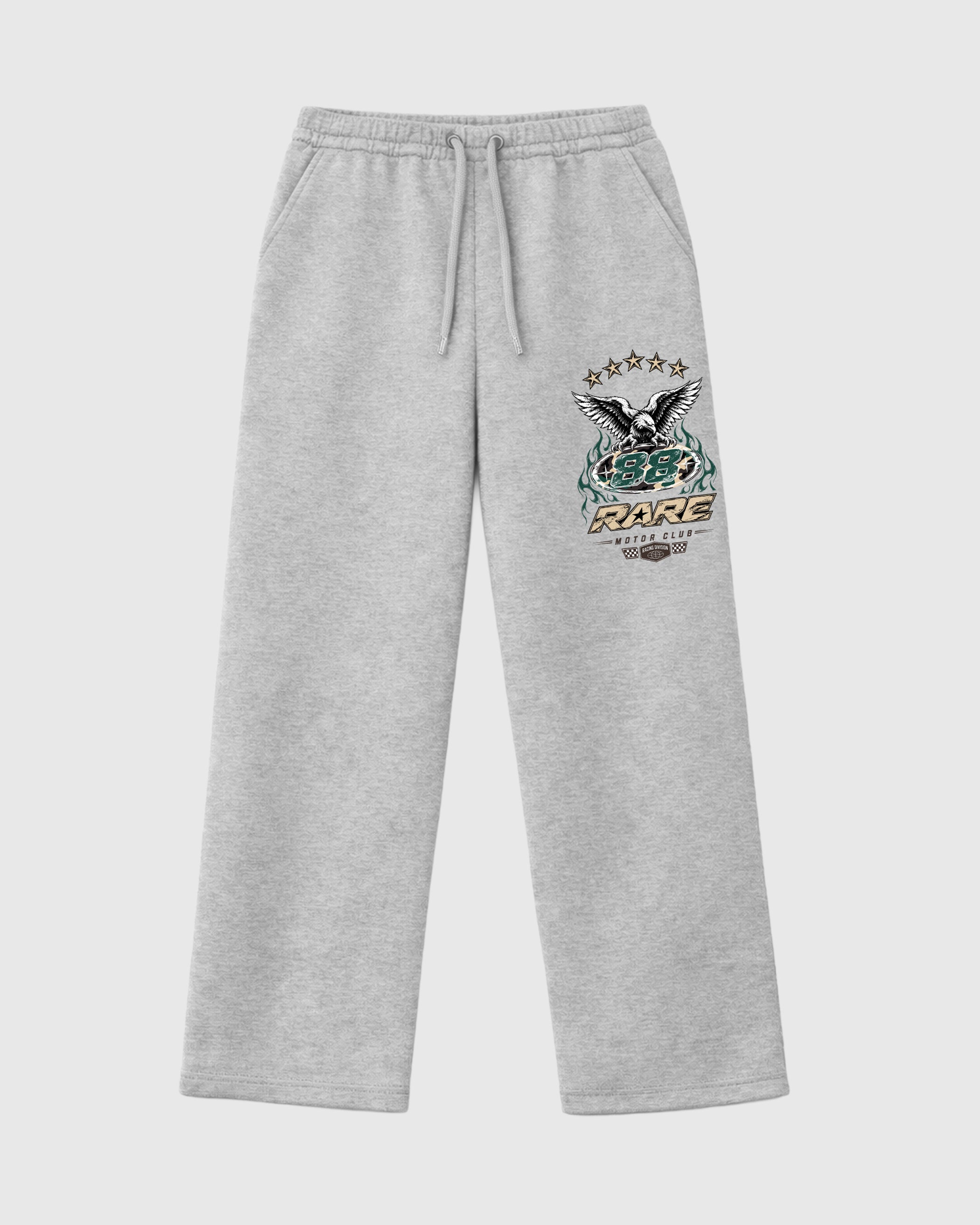 Rare Motor Club graphic wide cut sweatpants designed to match the Air Foamposite Pro Green Camo, featuring coordinated Heather Grey 1 options for a perfect streetwear vibe.