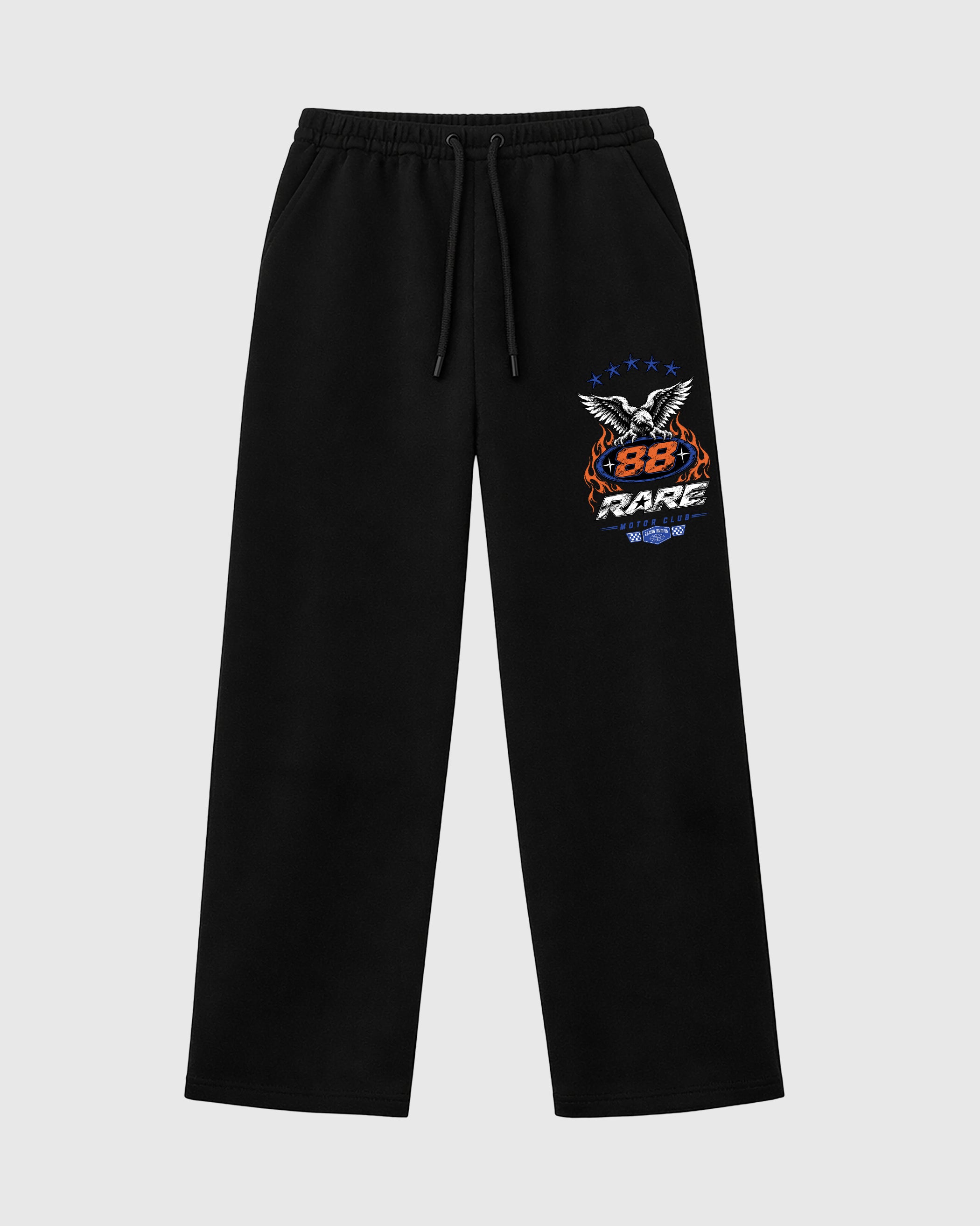 Rare Motor Club graphic wide cut sweatpants designed to match the Air Jordan 8 Knicks, featuring coordinated Black 1 options for a perfect streetwear vibe.