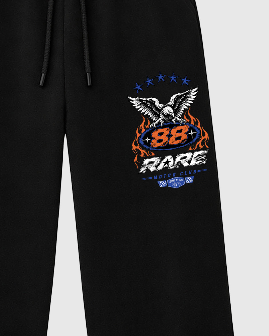 Rare Motor Club graphic wide cut sweatpants designed to match the Air Jordan 8 Knicks, featuring coordinated Black 2 options for a perfect streetwear vibe.