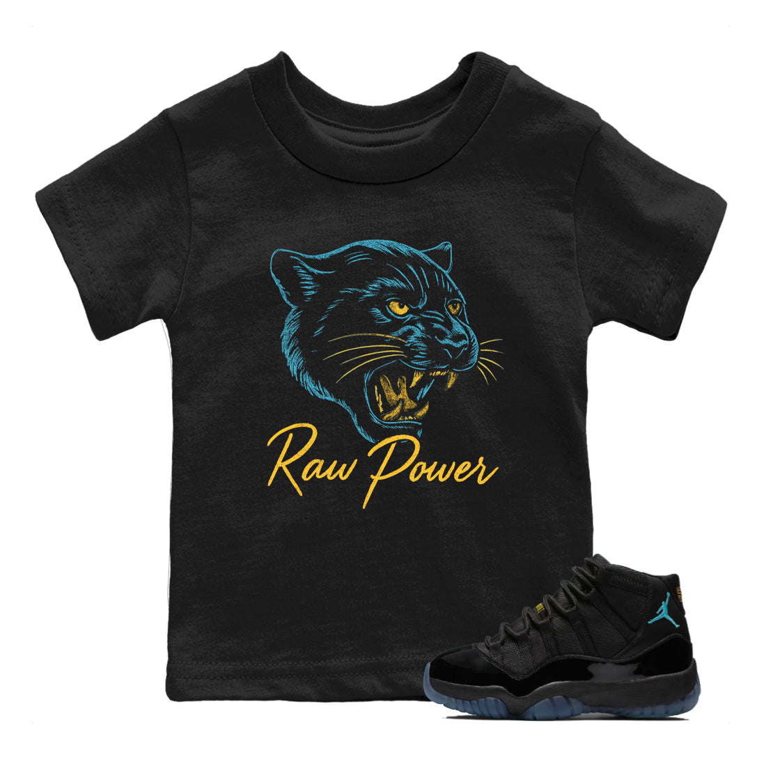 Sneaker match tees – Sneaker Tees To Match Air Jordan 11 Gamma Shoes – Raw Power Kids T-Shirt Black 1