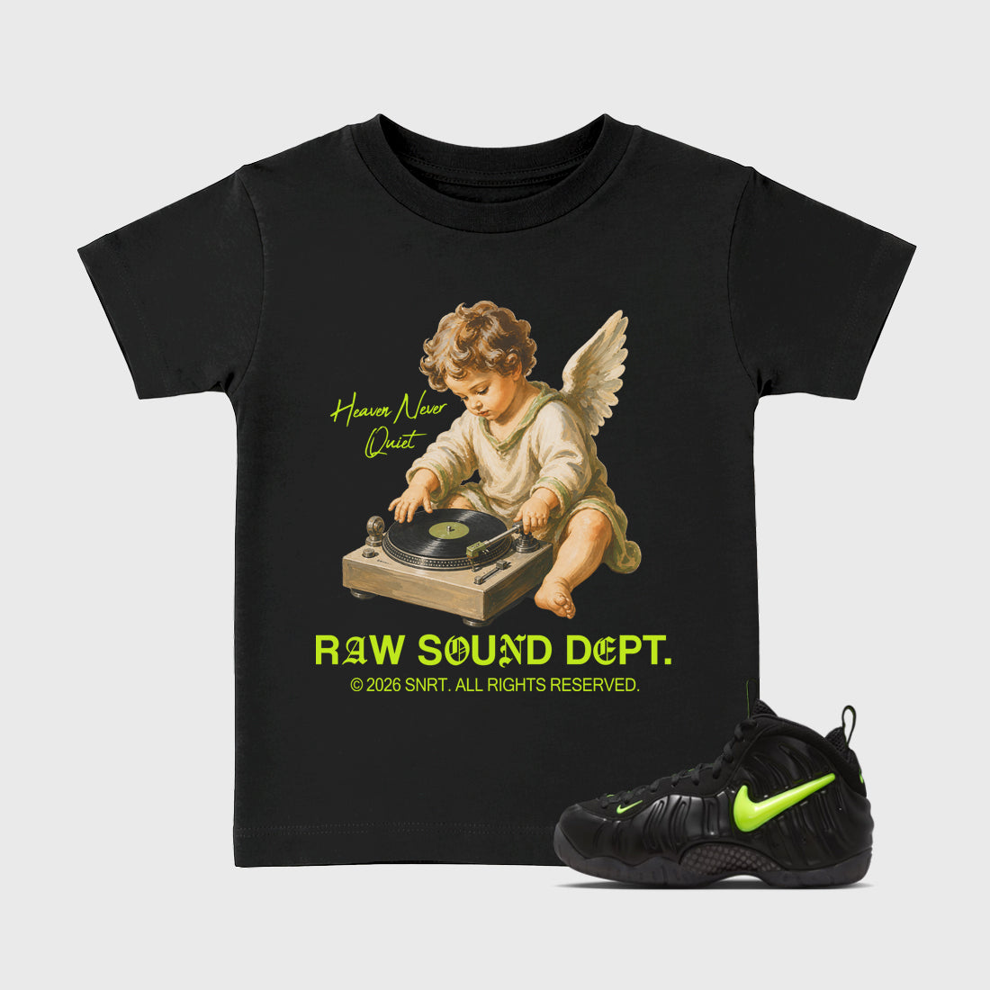 Sneaker match tees – Sneaker Tees To Match Air Foamposite Pro Black Shoes – Raw Sound Dept Kids T-Shirt Black 1