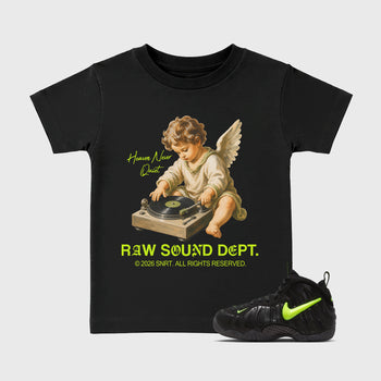 Sneaker match tees – Sneaker Tees To Match Air Foamposite Pro Black Shoes – Raw Sound Dept Kids T-Shirt Black 1
