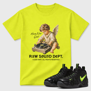 Sneaker match tees – Sneaker Tees To Match Air Foamposite Pro Black Shoes – Raw Sound Dept Tee Safety Green 1
