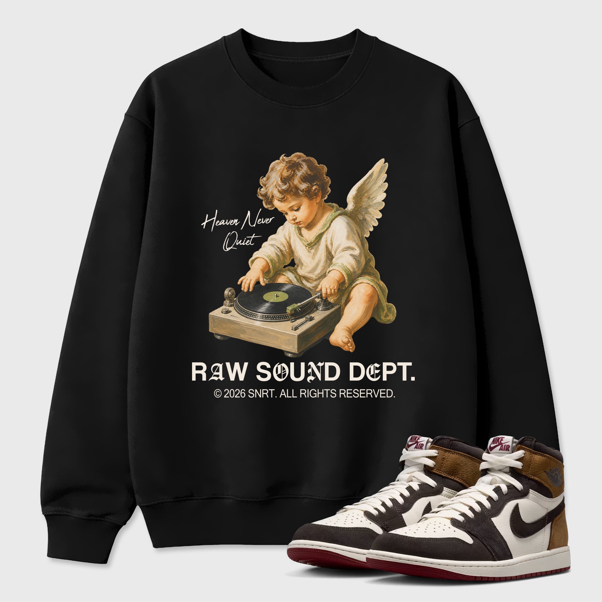 Raw Sound Dept Graphic T-Shirt featuring original streetwear artwork designed to match the Air Jordan 1 Love Letter. Black 1 Graphic Tee.
