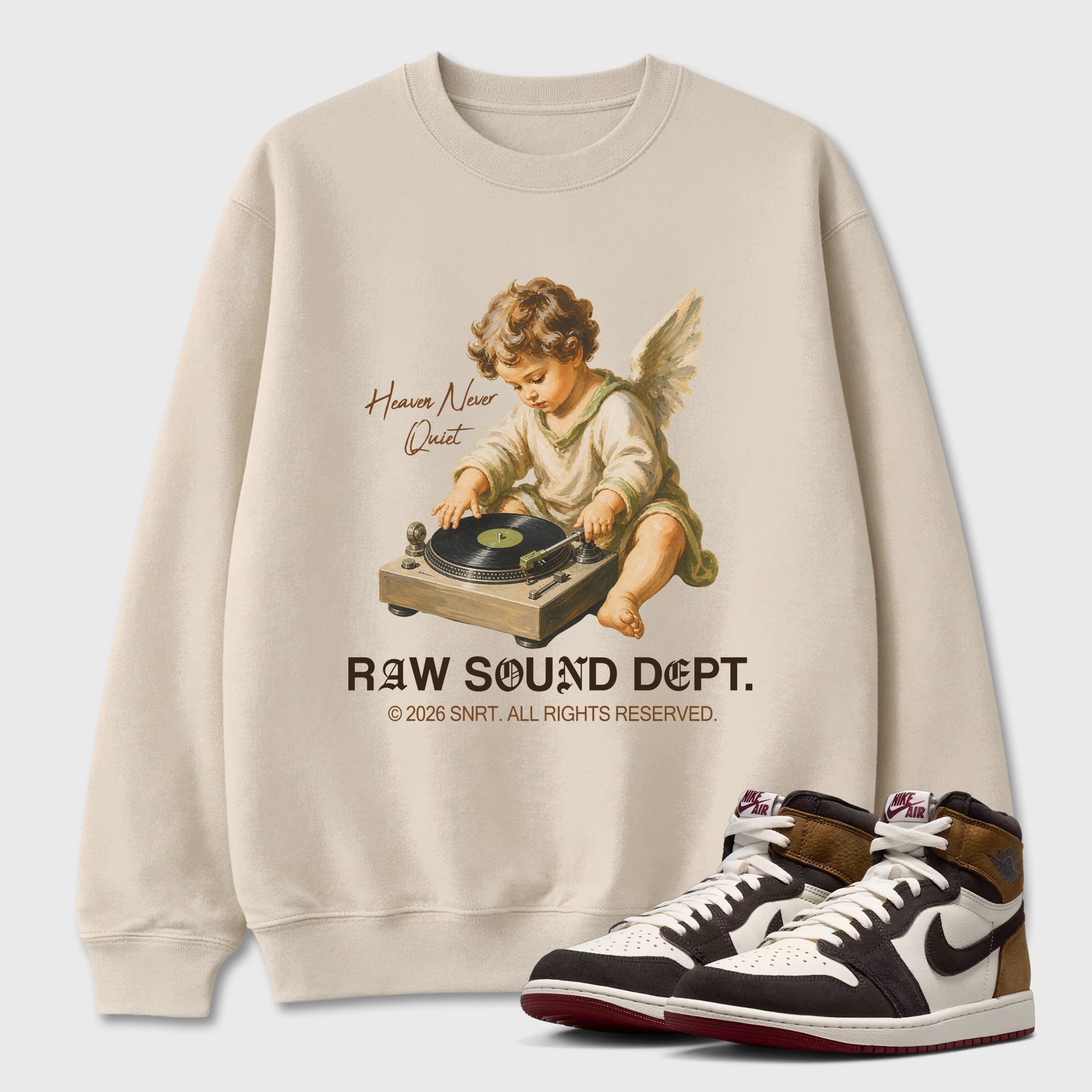 Raw Sound Dept Graphic T-Shirt featuring original streetwear artwork designed to match the Air Jordan 1 Love Letter. Natural 1 Graphic Tee.