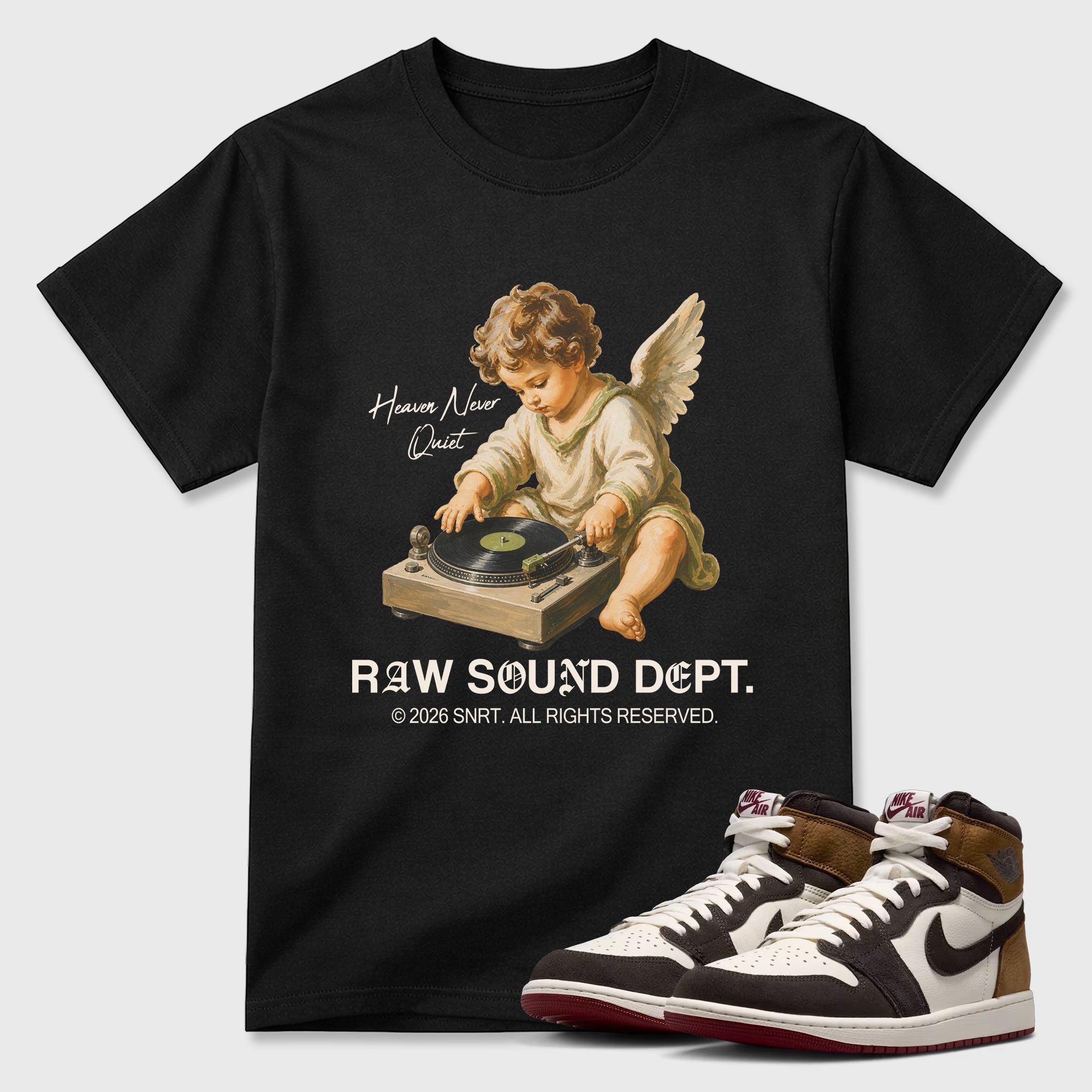 Raw Sound Dept Graphic T-Shirt featuring original streetwear artwork designed to match the Air Jordan 1 Love Letter. Black 1 Graphic T-Shirt.