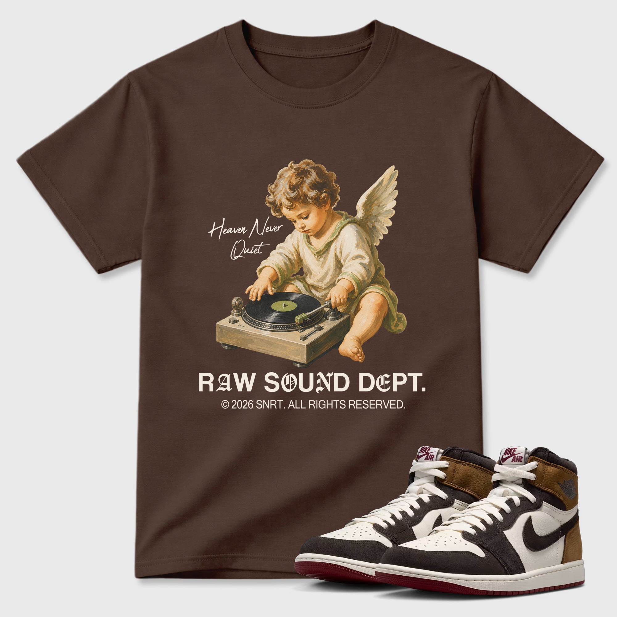 Raw Sound Dept Graphic T-Shirt featuring original streetwear artwork designed to match the Air Jordan 1 Love Letter. Dark Chocolate 1 Graphic T-Shirt.