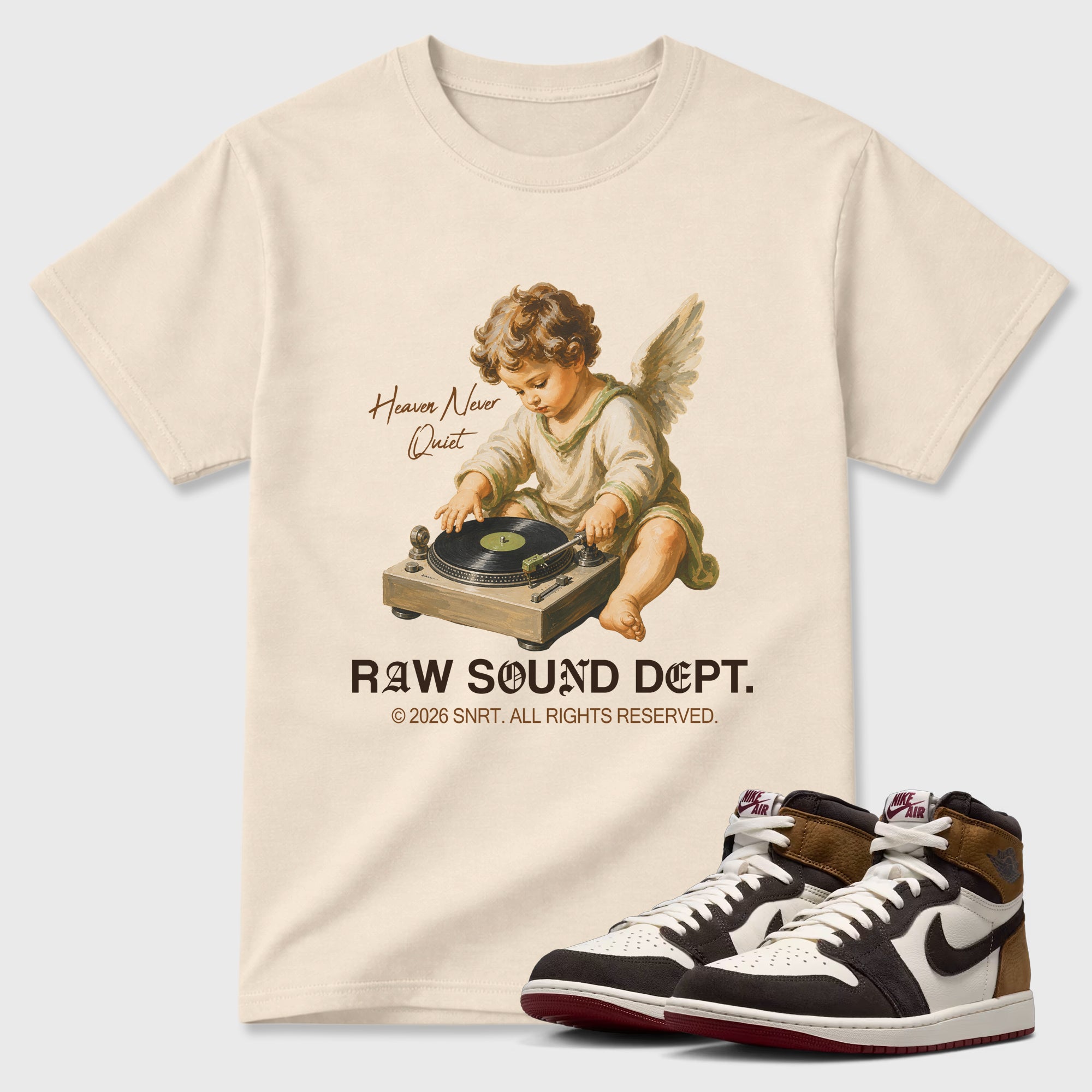 Raw Sound Dept Graphic T-Shirt featuring original streetwear artwork designed to match the Air Jordan 1 Love Letter. Natural 1 Graphic T-Shirt.
