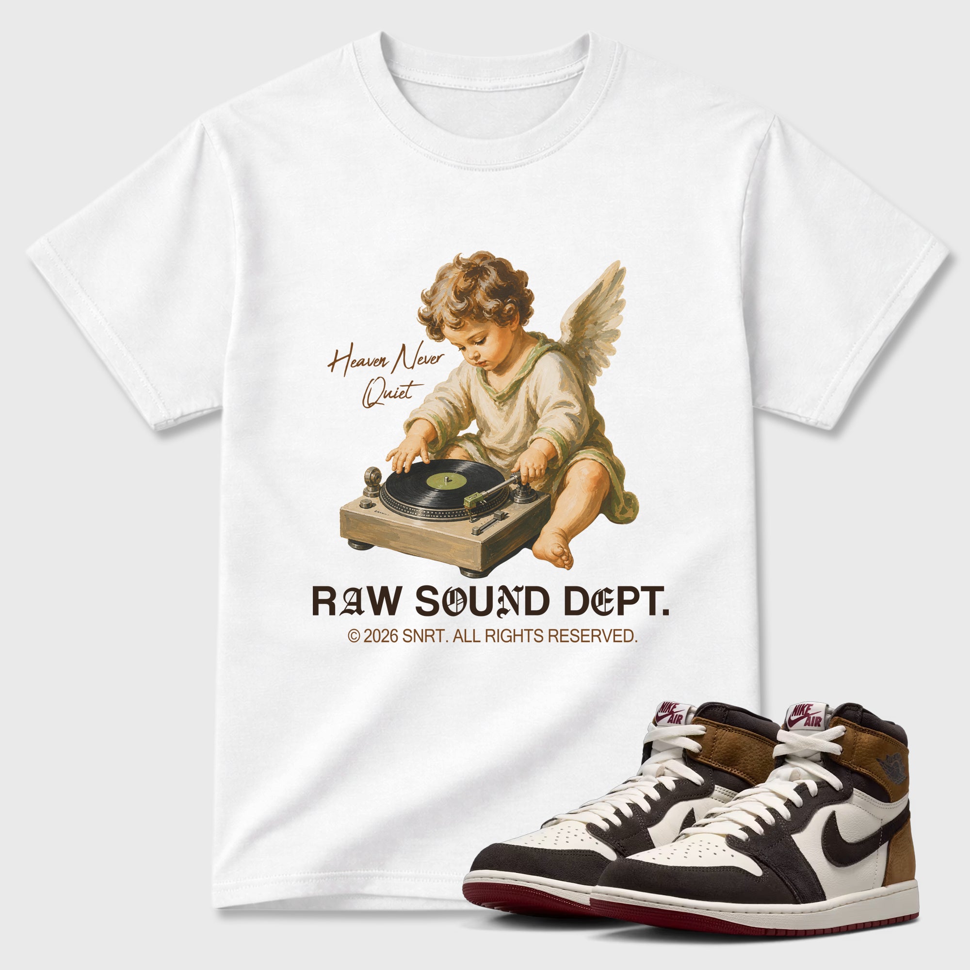 Raw Sound Dept Graphic T-Shirt featuring original streetwear artwork designed to match the Air Jordan 1 Love Letter. White 1 Graphic T-Shirt.