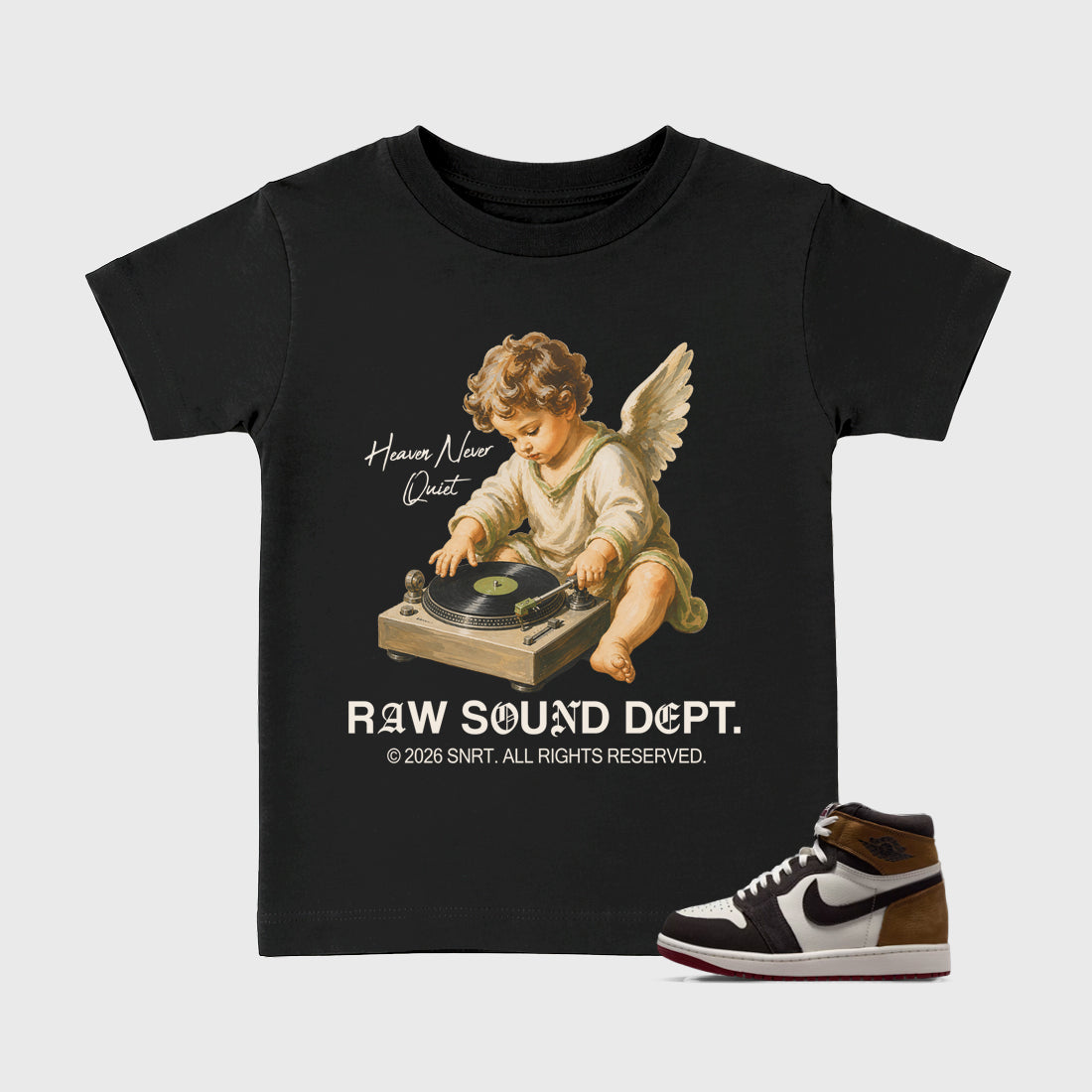 Raw Sound Dept Baby & Kids Graphic T-Shirt featuring original artwork designed to match the Air Jordan 1 Love Letter. Black 1 Kids Graphic Tee.