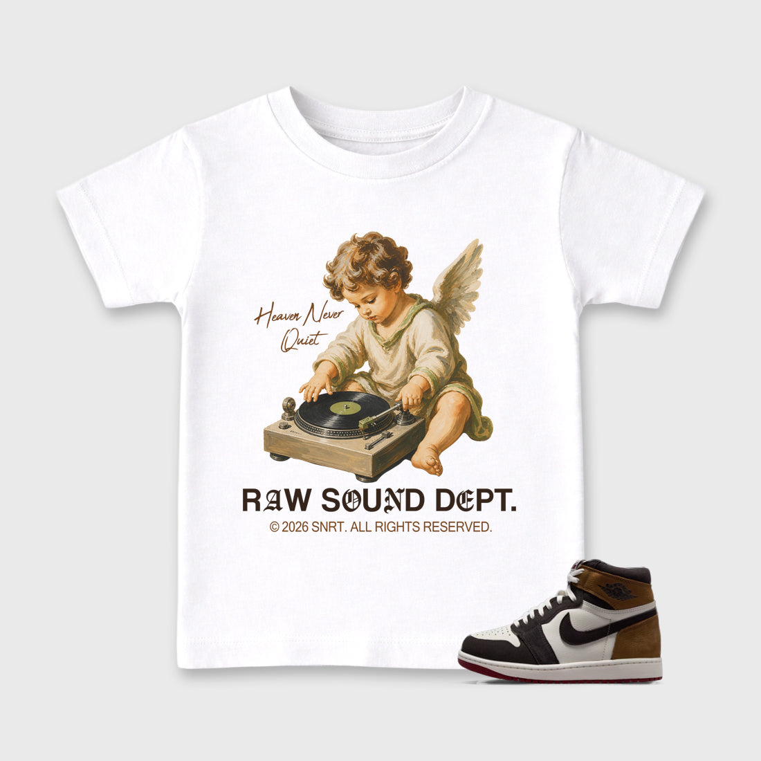 Raw Sound Dept Baby & Kids Graphic T-Shirt featuring original artwork designed to match the Air Jordan 1 Love Letter. White 1 Kids Graphic Tee.