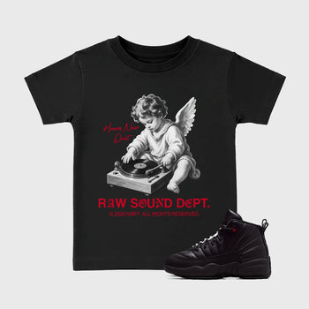 Sneaker match tees – Sneaker Tees To Match Air Jordan 12 Bloodline Shoes – Raw Sound Dept Kids T-Shirt Black 1