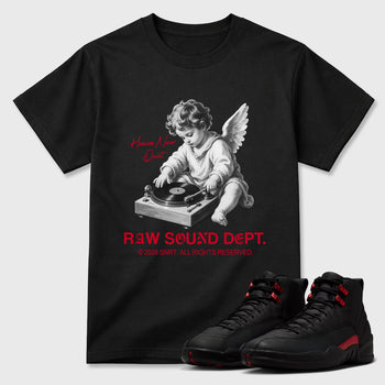 Sneaker match tees – Sneaker Tees To Match Air Jordan 12 Bloodline Shoes – Raw Sound Dept Tee Black 1