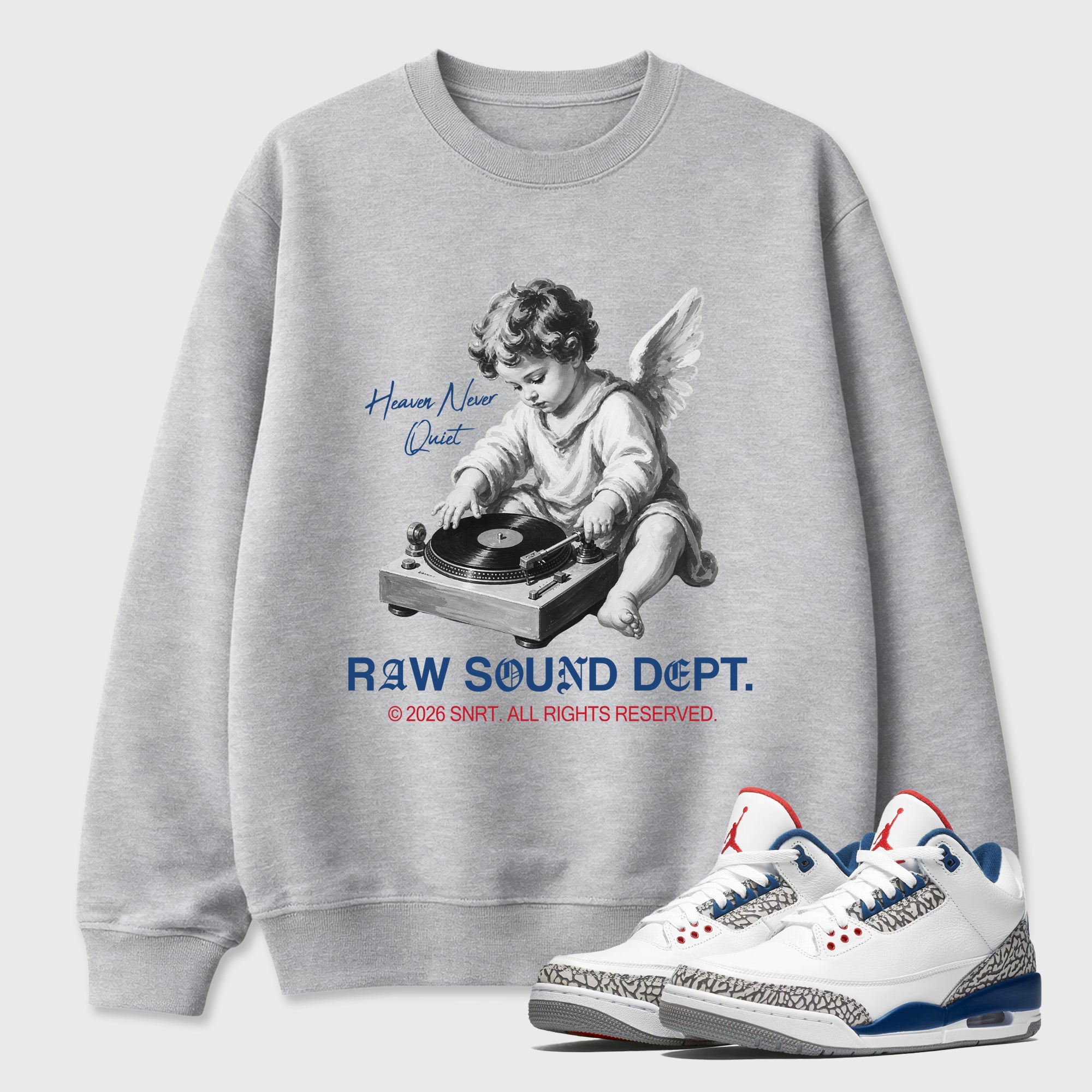 Raw Sound Dept Graphic T-Shirt featuring original streetwear artwork designed to match the Air Jordan 3 True Blue. Heather Grey 1 Graphic Tee.