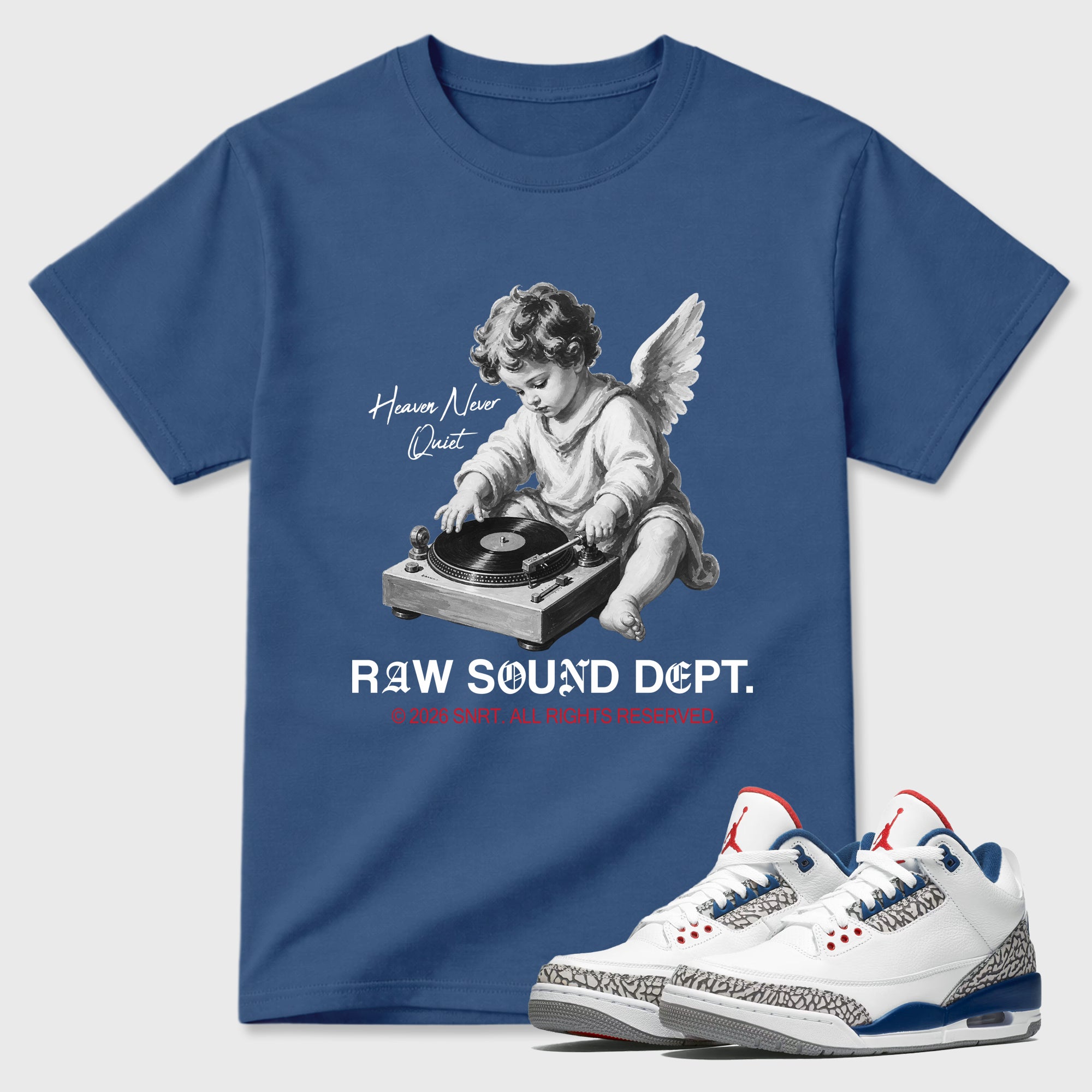 Raw Sound Dept Graphic T-Shirt featuring original streetwear artwork designed to match the Air Jordan 3 True Blue. Denim Blue 1 Graphic T-Shirt.