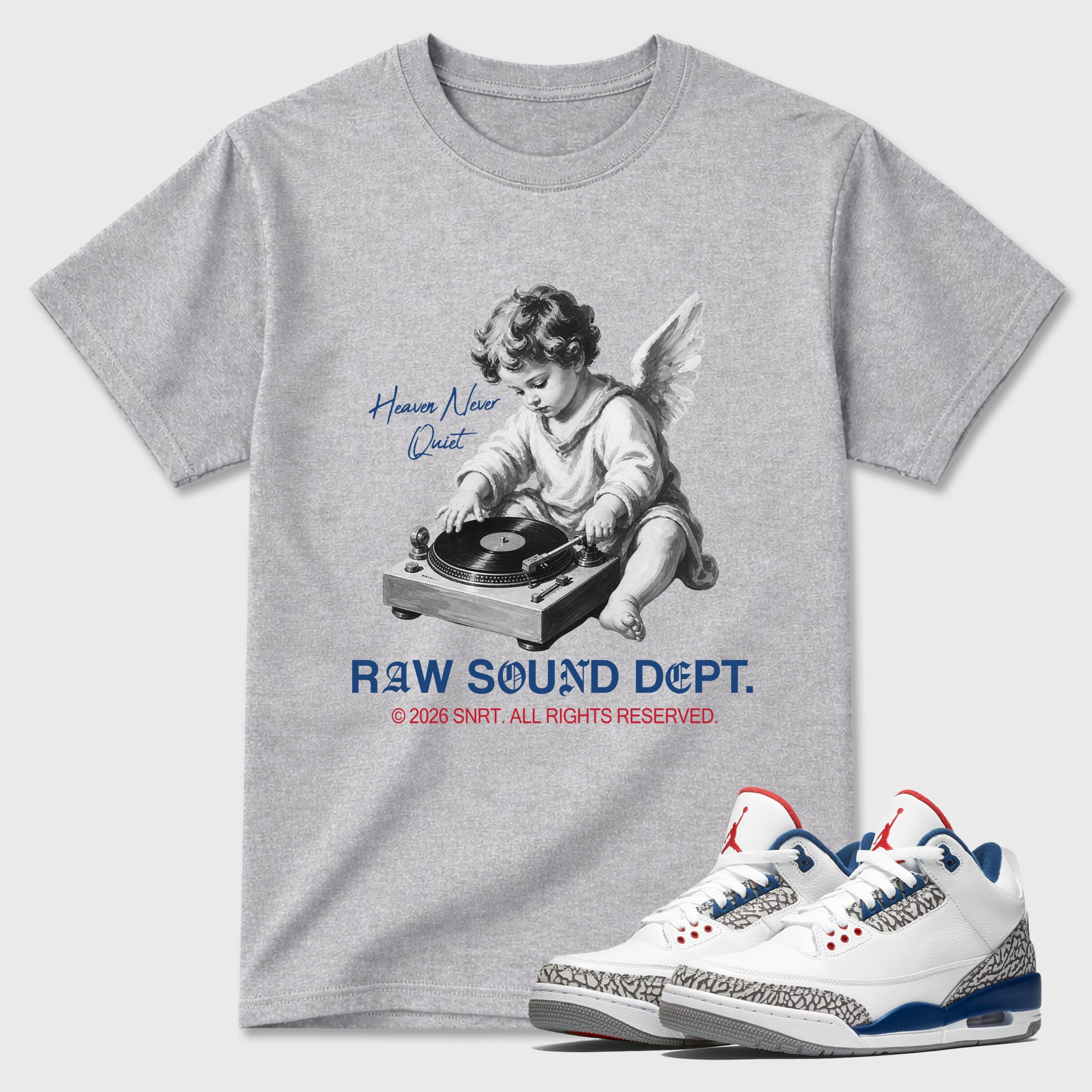 Raw Sound Dept Graphic T-Shirt featuring original streetwear artwork designed to match the Air Jordan 3 True Blue. Heather Grey 1 Graphic T-Shirt.