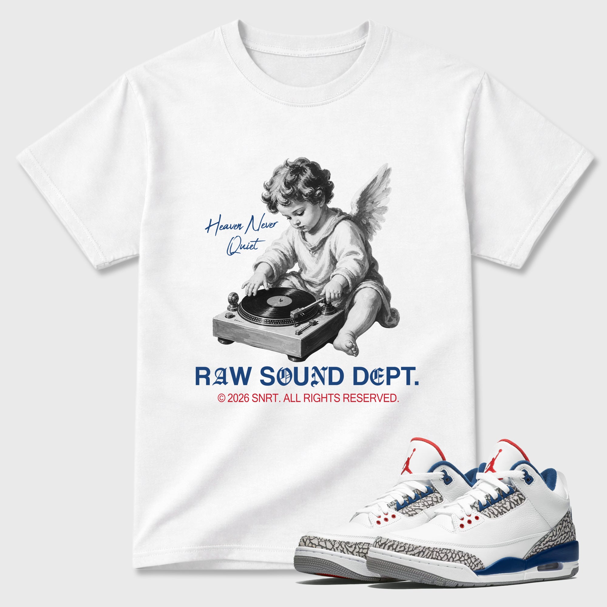 Raw Sound Dept Graphic T-Shirt featuring original streetwear artwork designed to match the Air Jordan 3 True Blue. White 1 Graphic T-Shirt.