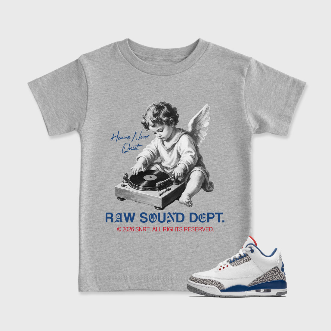 Raw Sound Dept Baby & Kids Graphic T-Shirt featuring original artwork designed to match the Air Jordan 3 True Blue. Heather Grey 1 Kids Graphic Tee.