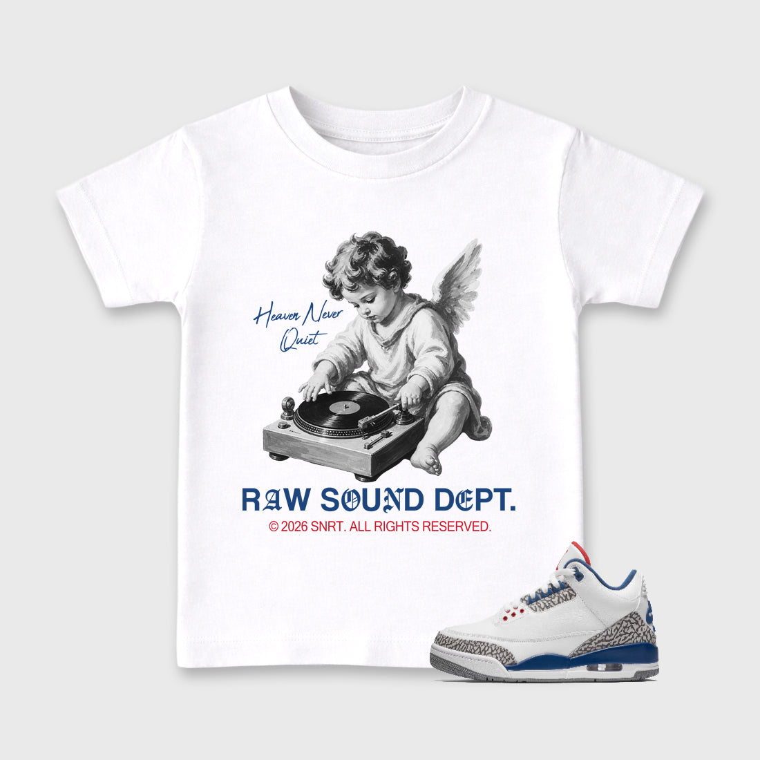 Raw Sound Dept Baby & Kids Graphic T-Shirt featuring original artwork designed to match the Air Jordan 3 True Blue. White 1 Kids Graphic Tee.