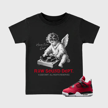 Raw Sound Dept affordable baby and kids t-shirt designed to match the Air Jordan 4 Toro Bravo, featuring coordinated Black 1 options for the perfect little sneakerhead streetwear look.