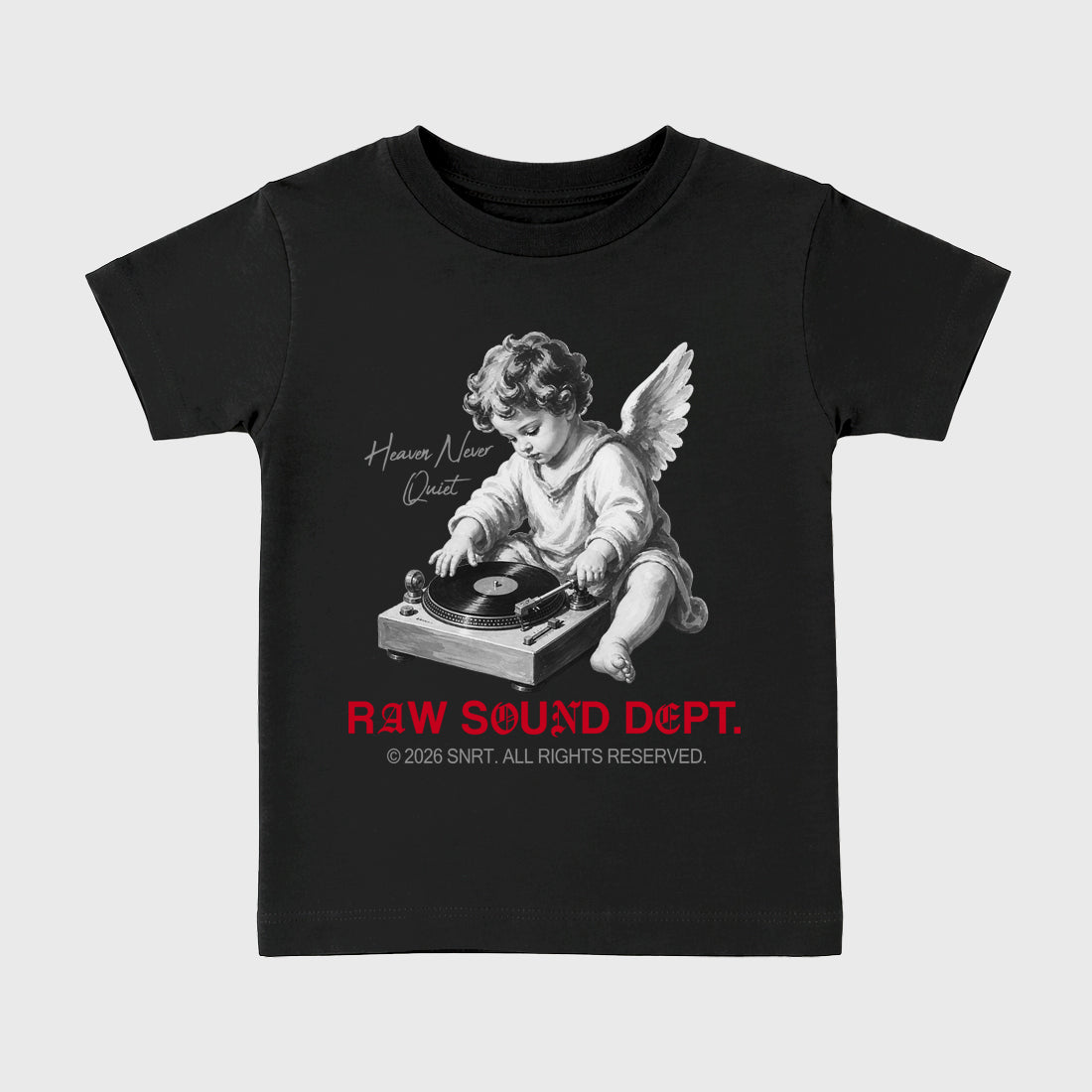 Raw Sound Dept affordable baby and kids t-shirt designed to match the Air Jordan 4 Toro Bravo, featuring coordinated Black 2 options for the perfect little sneakerhead streetwear look.