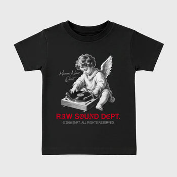 Raw Sound Dept affordable baby and kids t-shirt designed to match the Air Jordan 4 Toro Bravo, featuring coordinated Black 2 options for the perfect little sneakerhead streetwear look.