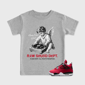 Raw Sound Dept affordable baby and kids t-shirt designed to match the Air Jordan 4 Toro Bravo, featuring coordinated Heather Grey 1 options for the perfect little sneakerhead streetwear look.