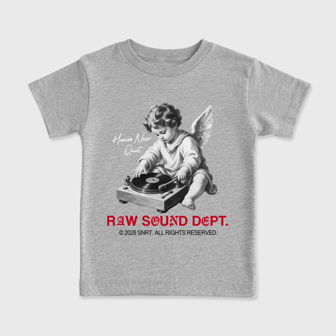 Raw Sound Dept affordable baby and kids t-shirt designed to match the Air Jordan 4 Toro Bravo, featuring coordinated Heather Grey 2 options for the perfect little sneakerhead streetwear look.