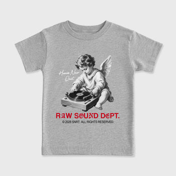 Raw Sound Dept affordable baby and kids t-shirt designed to match the Air Jordan 4 Toro Bravo, featuring coordinated Heather Grey 2 options for the perfect little sneakerhead streetwear look.