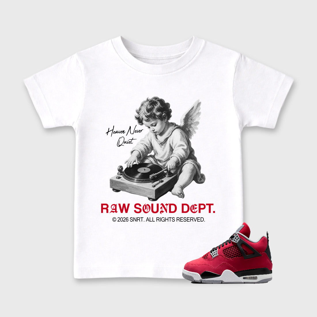 Raw Sound Dept affordable baby and kids t-shirt designed to match the Air Jordan 4 Toro Bravo, featuring coordinated White 1 options for the perfect little sneakerhead streetwear look.