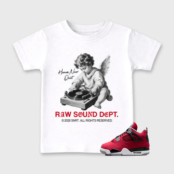 Raw Sound Dept affordable baby and kids t-shirt designed to match the Air Jordan 4 Toro Bravo, featuring coordinated White 1 options for the perfect little sneakerhead streetwear look.