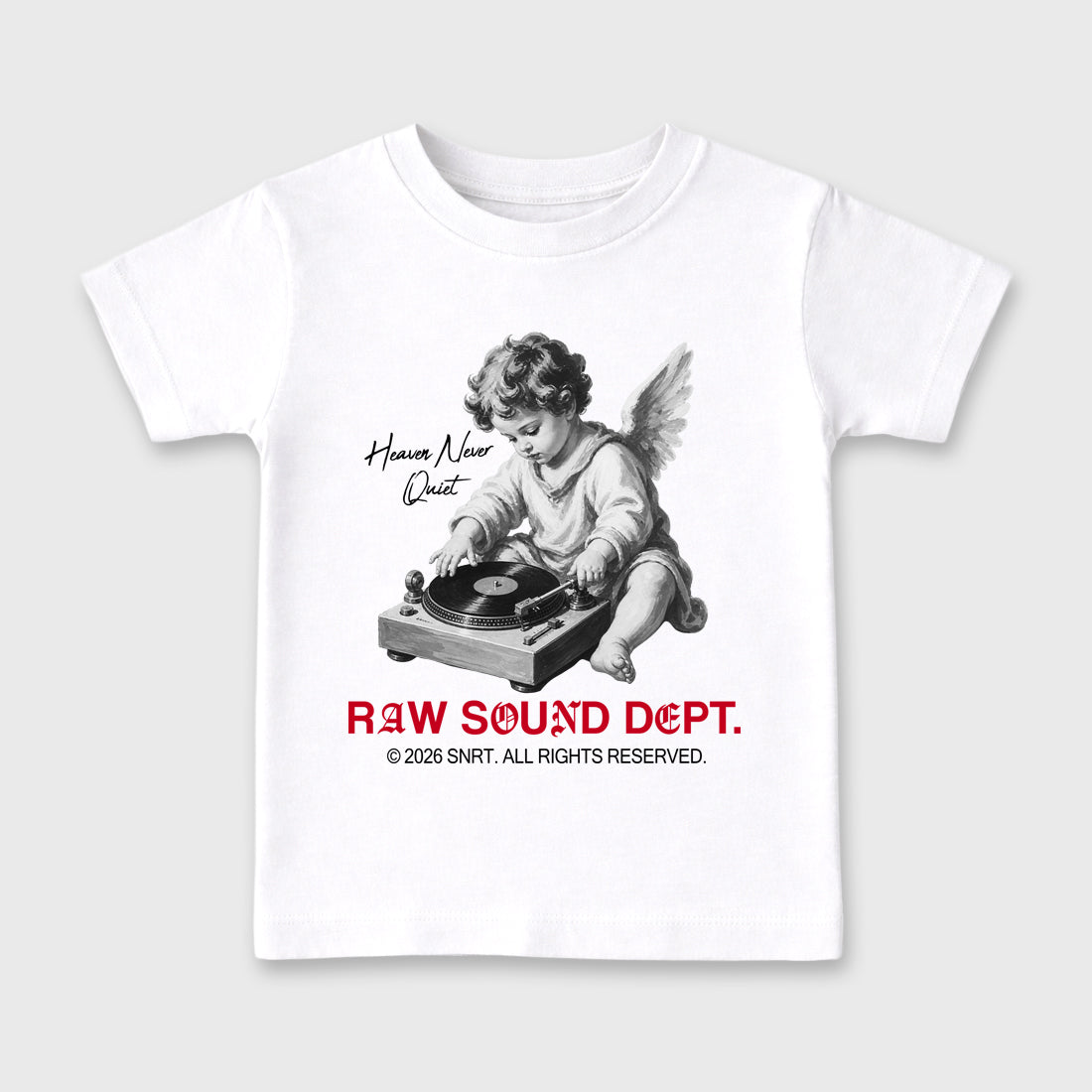 Raw Sound Dept affordable baby and kids t-shirt designed to match the Air Jordan 4 Toro Bravo, featuring coordinated White 2 options for the perfect little sneakerhead streetwear look.