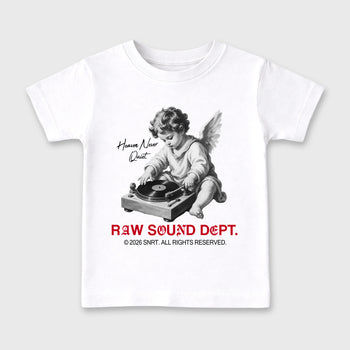 Raw Sound Dept affordable baby and kids t-shirt designed to match the Air Jordan 4 Toro Bravo, featuring coordinated White 2 options for the perfect little sneakerhead streetwear look.