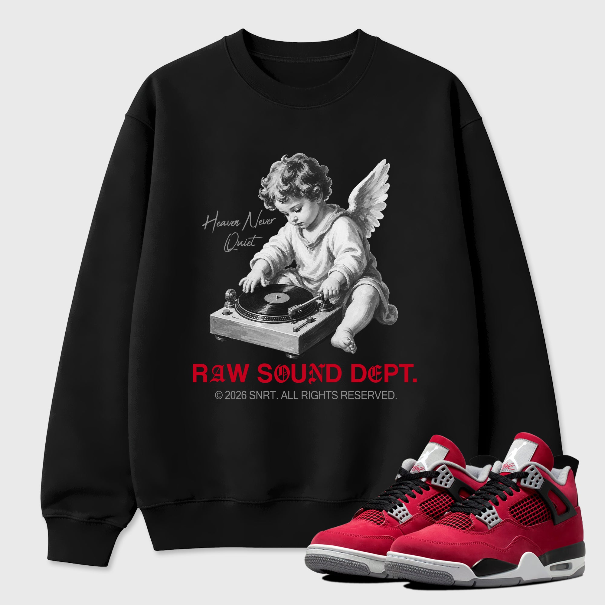 Raw Sound Dept Graphic T-Shirt sneaker match tee designed for the Air Jordan 4 Toro Bravo, featuring coordinated color options for a perfect streetwear match. Black 1 shirt.