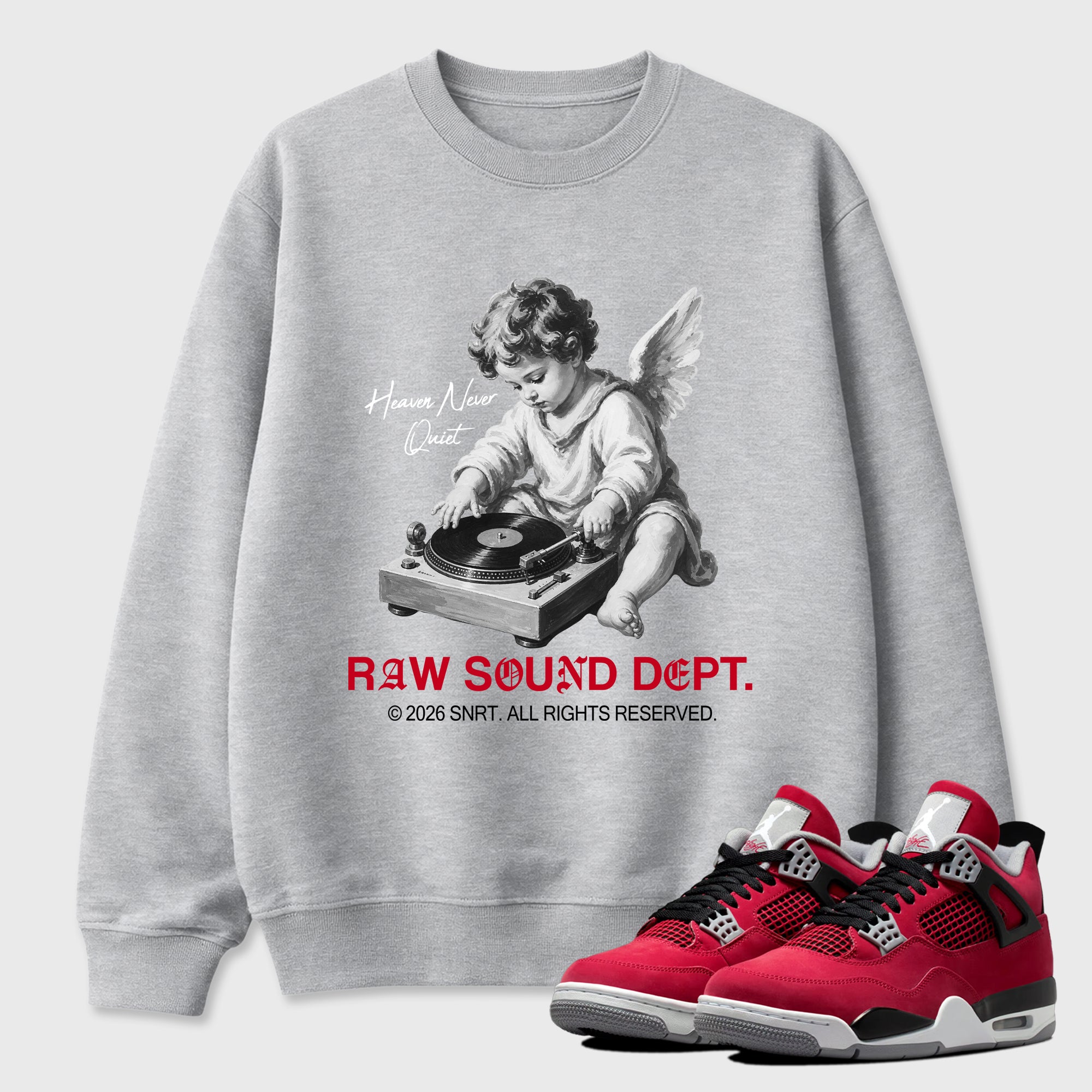 Raw Sound Dept Graphic T-Shirt sneaker match tee designed for the Air Jordan 4 Toro Bravo, featuring coordinated color options for a perfect streetwear match. Heather Grey 1 shirt.