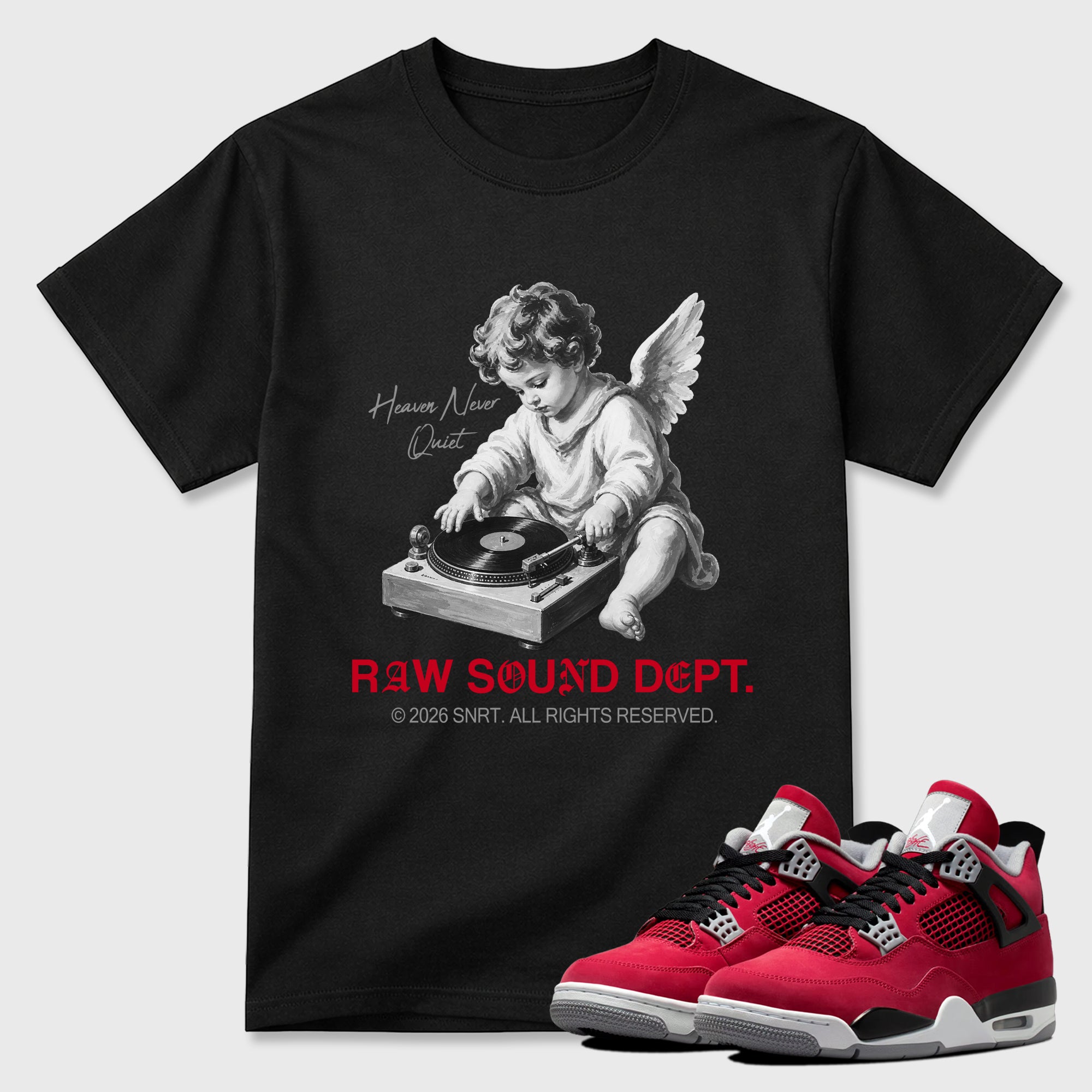Raw Sound Dept Graphic T-Shirt sneaker match tee designed for the Air Jordan 4 Toro Bravo, featuring coordinated color options for a perfect streetwear match. Black 1 shirt.