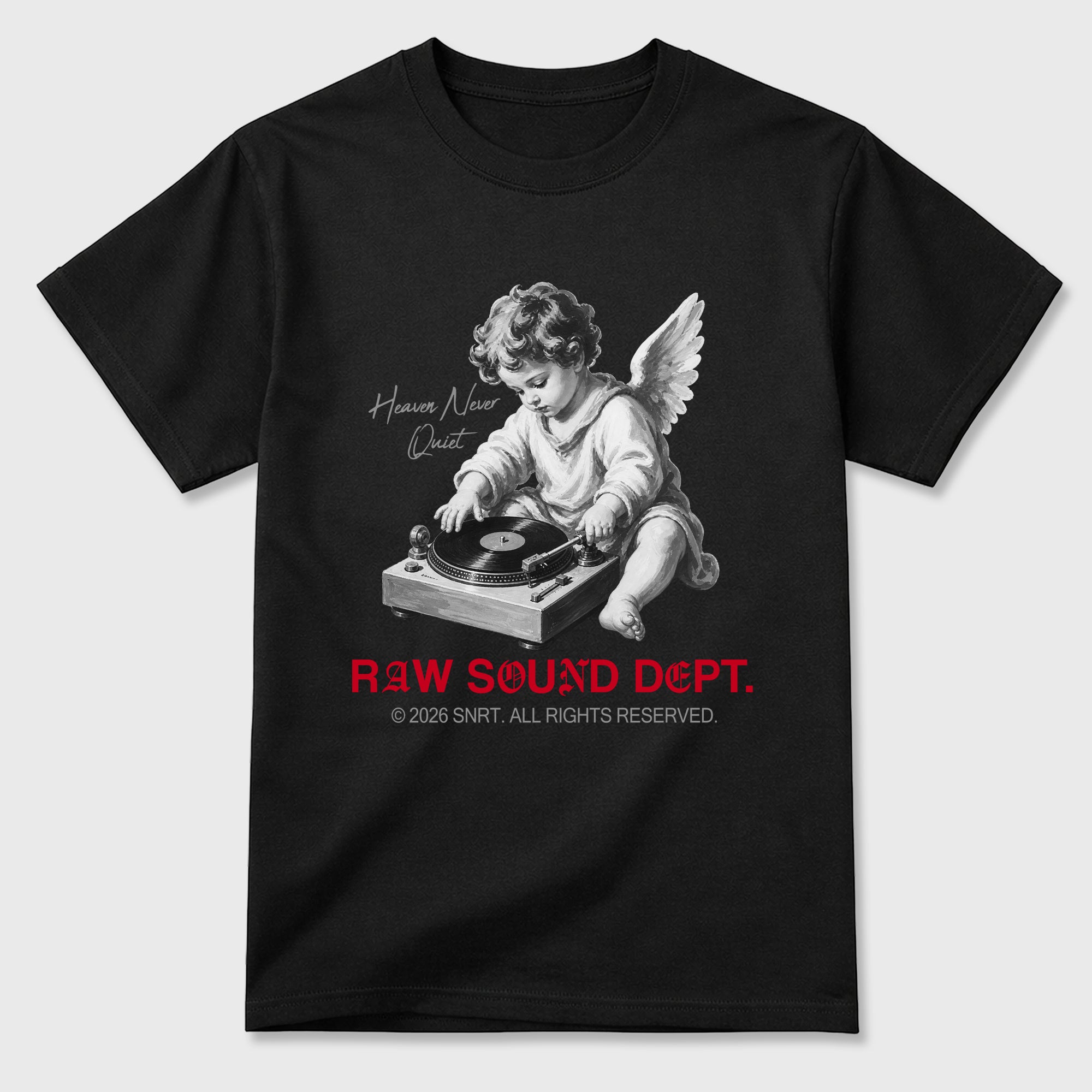 Raw Sound Dept Graphic T-Shirt sneaker match tee designed for the Air Jordan 4 Toro Bravo, featuring coordinated color options for a perfect streetwear match. Black 2 shirt.
