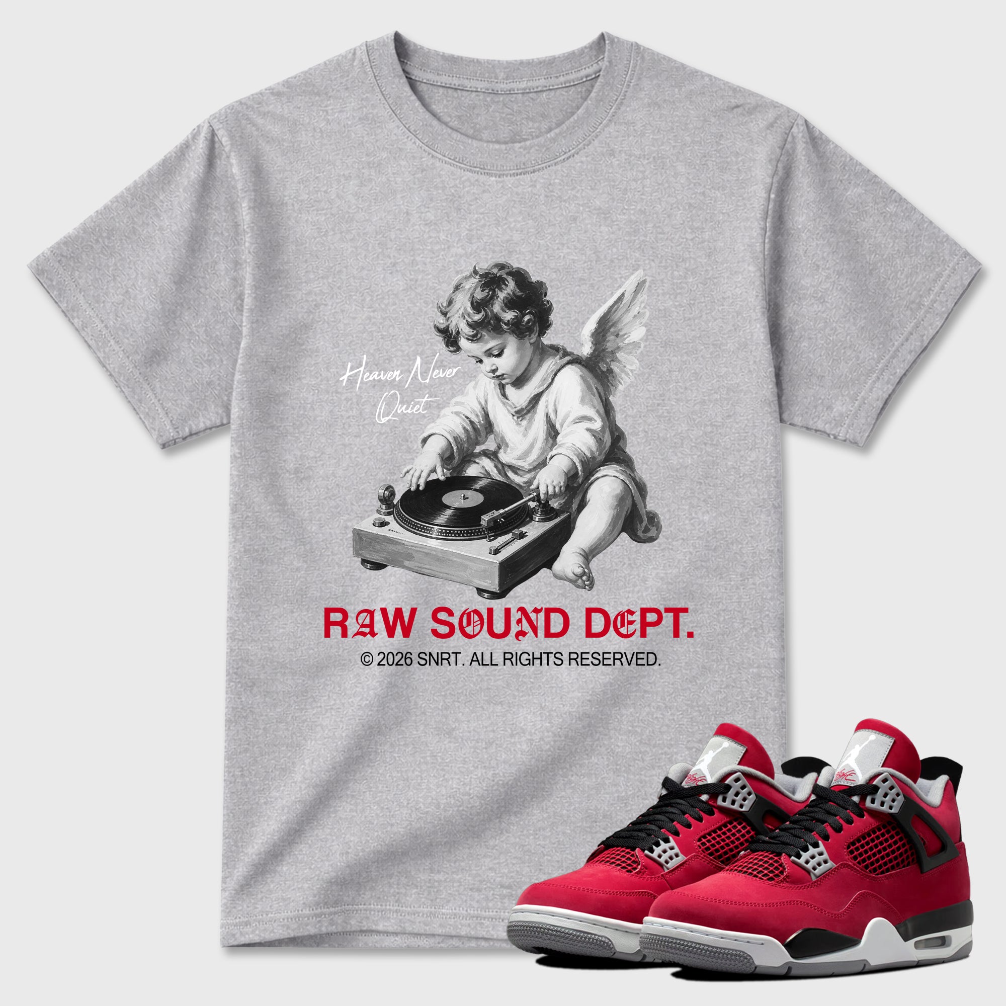 Raw Sound Dept Graphic T-Shirt sneaker match tee designed for the Air Jordan 4 Toro Bravo, featuring coordinated color options for a perfect streetwear match. Heather Grey 1 shirt.