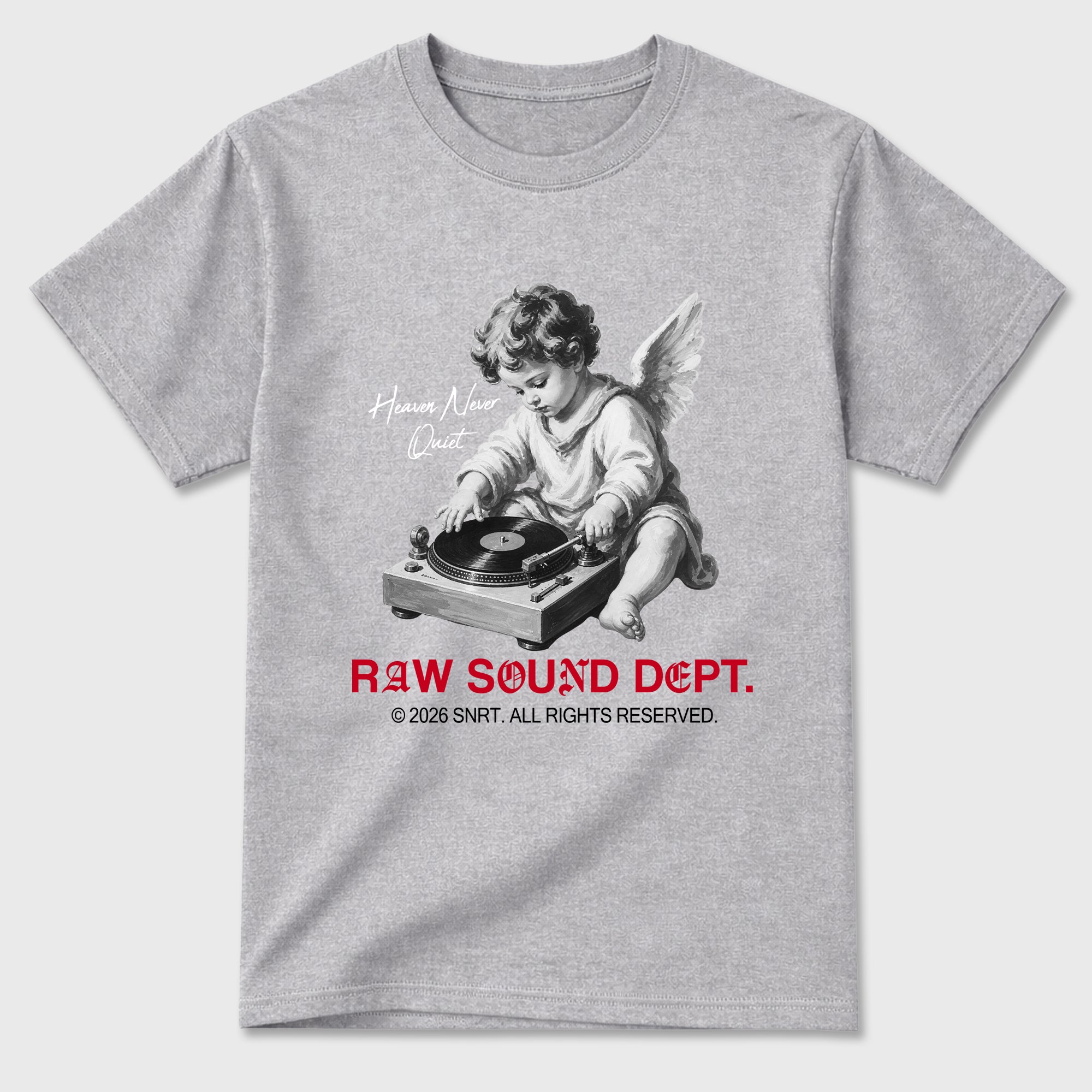 Raw Sound Dept Graphic T-Shirt sneaker match tee designed for the Air Jordan 4 Toro Bravo, featuring coordinated color options for a perfect streetwear match. Heather Grey 2 shirt.