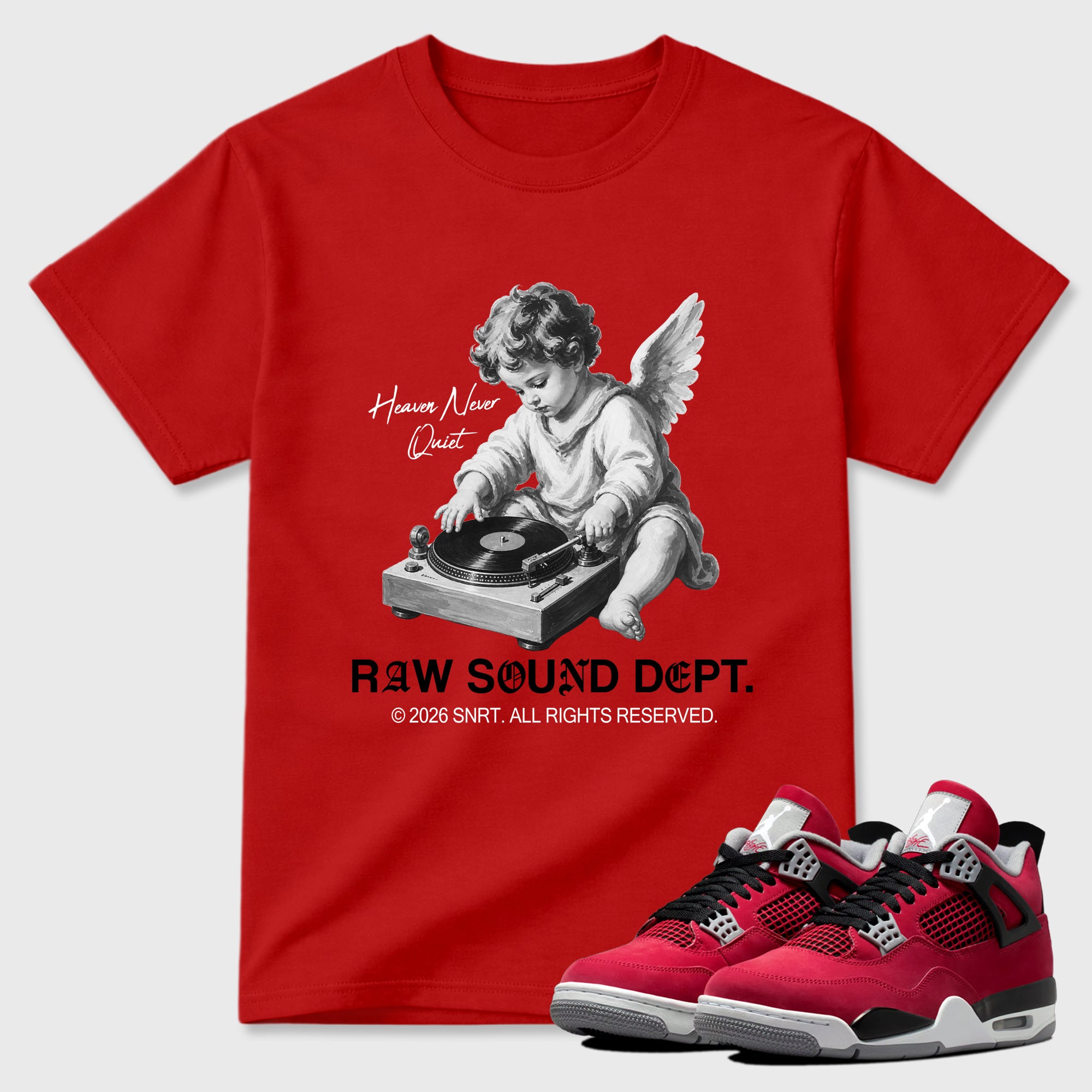 Raw Sound Dept Graphic T-Shirt sneaker match tee designed for the Air Jordan 4 Toro Bravo, featuring coordinated color options for a perfect streetwear match. Red 1 shirt.