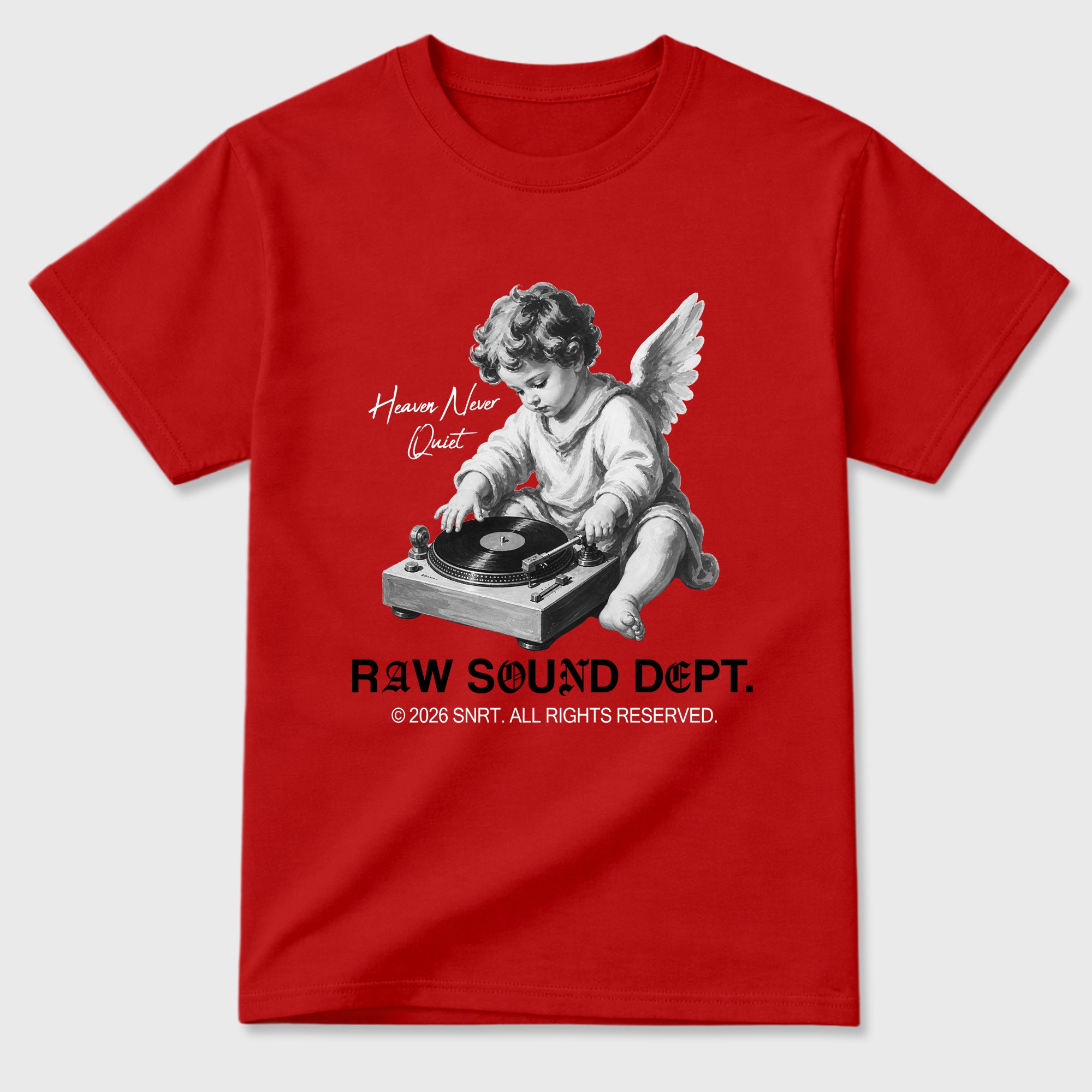 Raw Sound Dept Graphic T-Shirt sneaker match tee designed for the Air Jordan 4 Toro Bravo, featuring coordinated color options for a perfect streetwear match. Red 2 shirt.
