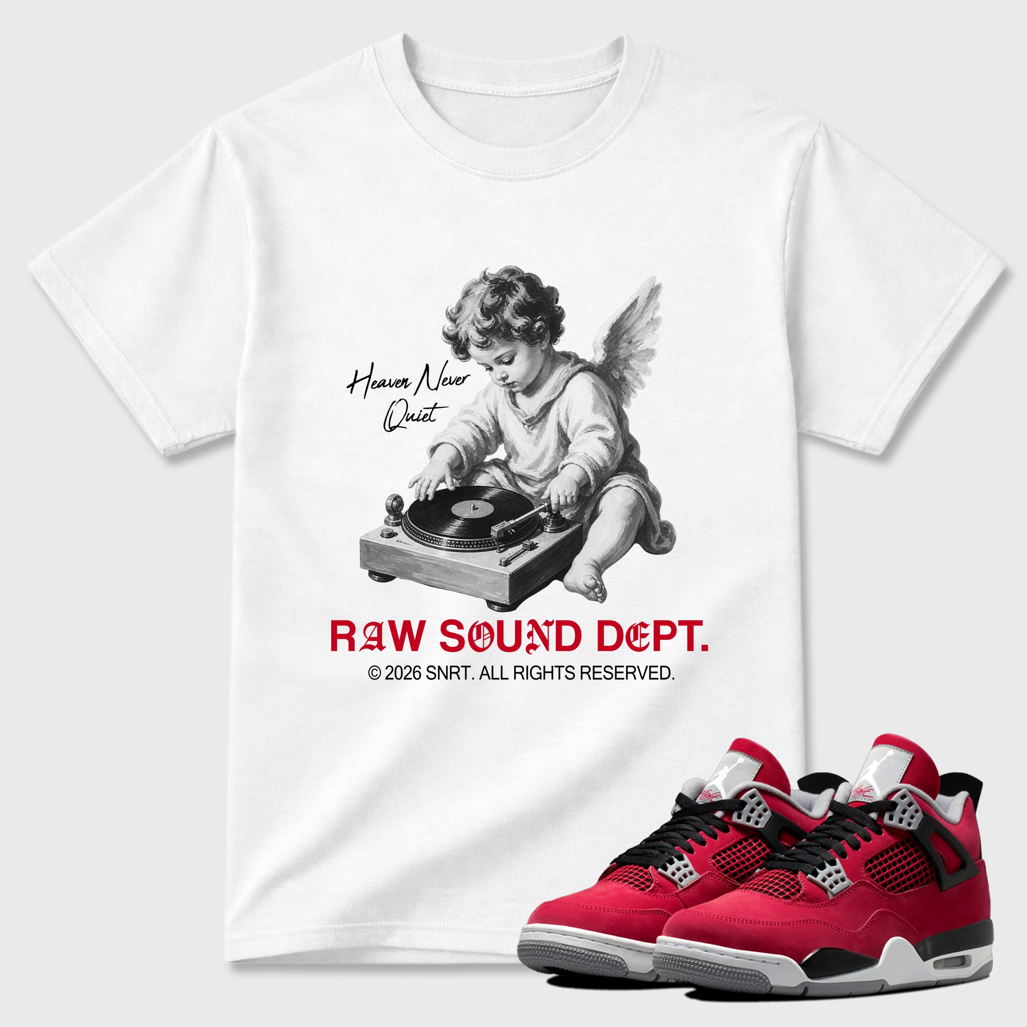 Raw Sound Dept Graphic T-Shirt sneaker match tee designed for the Air Jordan 4 Toro Bravo, featuring coordinated color options for a perfect streetwear match. White 1 shirt.