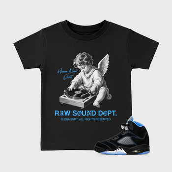 Raw Sound Dept affordable baby and kids t-shirt designed to match the Air Jordan 5 Black Carolina, featuring coordinated Black 1 options for the perfect little sneakerhead streetwear look.