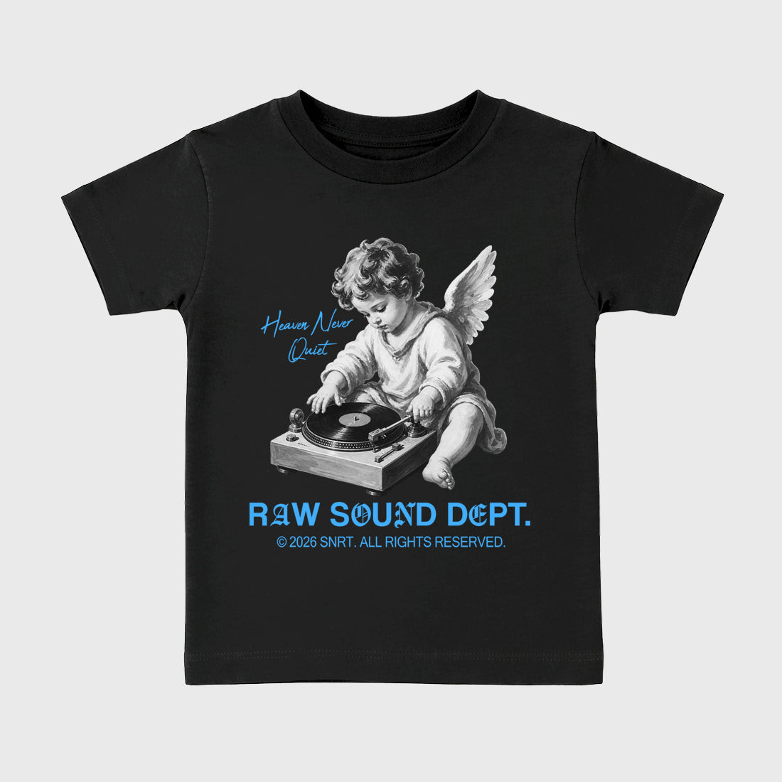 Raw Sound Dept affordable baby and kids t-shirt designed to match the Air Jordan 5 Black Carolina, featuring coordinated Black 2 options for the perfect little sneakerhead streetwear look.