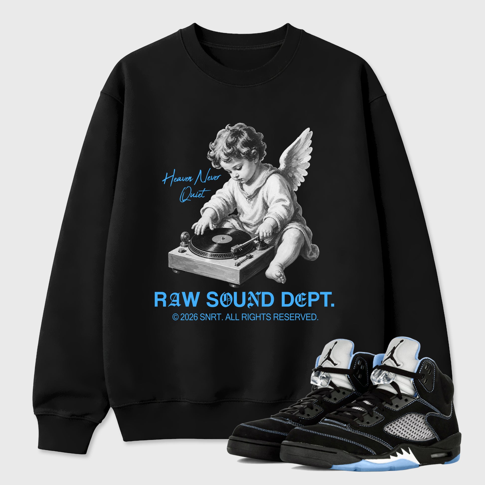 Raw Sound Dept Graphic T-Shirt sneaker match tee designed for the Air Jordan 5 Black Carolina, featuring coordinated color options for a perfect streetwear match. Black 1 shirt.