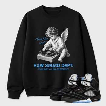 Raw Sound Dept Graphic T-Shirt sneaker match tee designed for the Air Jordan 5 Black Carolina, featuring coordinated color options for a perfect streetwear match. Black 1 shirt.
