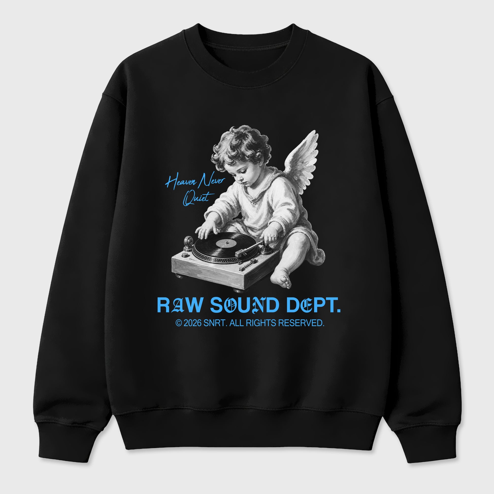 Raw Sound Dept Graphic T-Shirt sneaker match tee designed for the Air Jordan 5 Black Carolina, featuring coordinated color options for a perfect streetwear match. Black 2 shirt.
